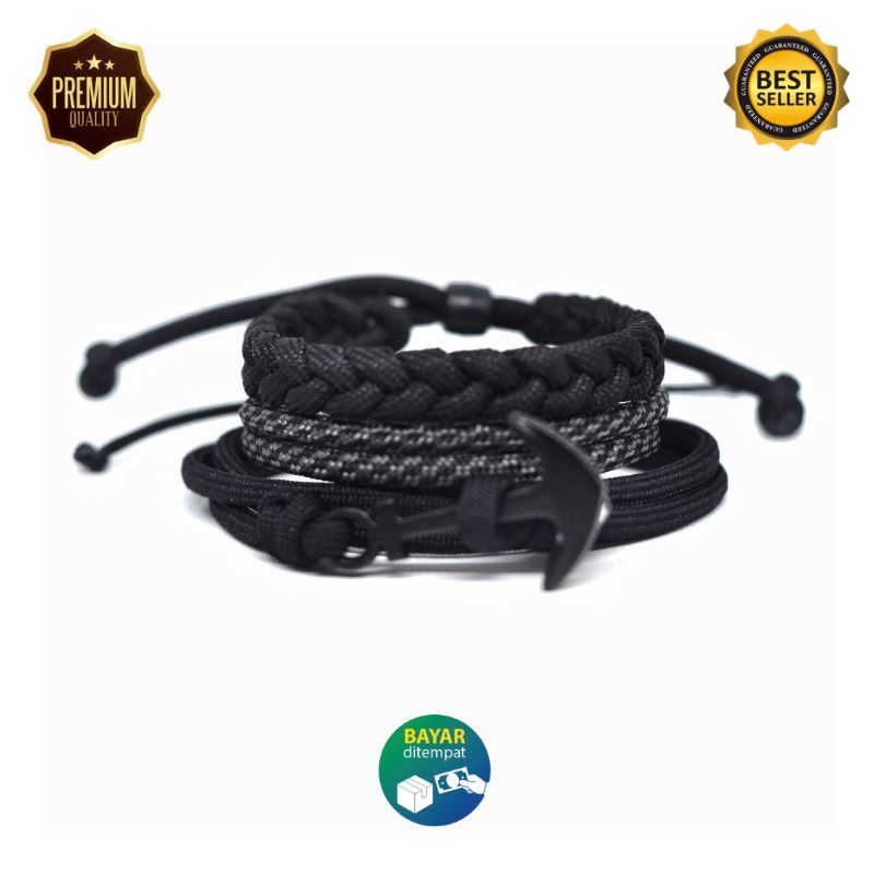 Jual Gelang Pria Keren Cowok Laki Paket Set Prusik Paracord Hitam Black ...