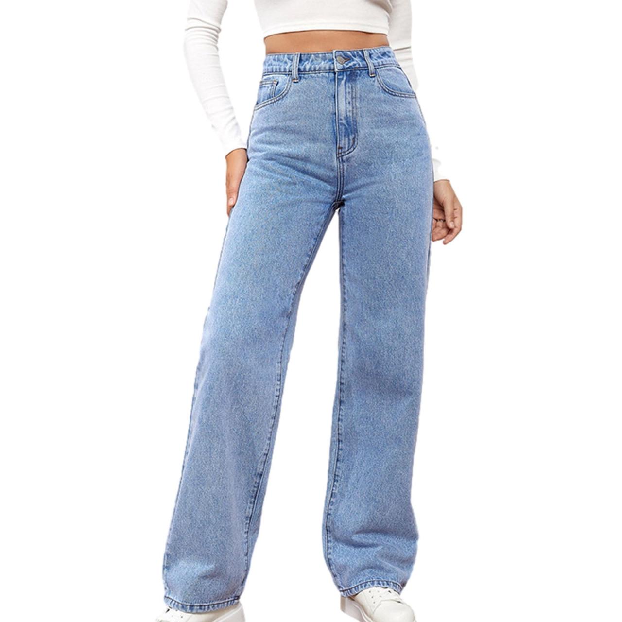 Womens Straight Leg Denim Pants Elastic High Waist Jeans Soft Comfy ...