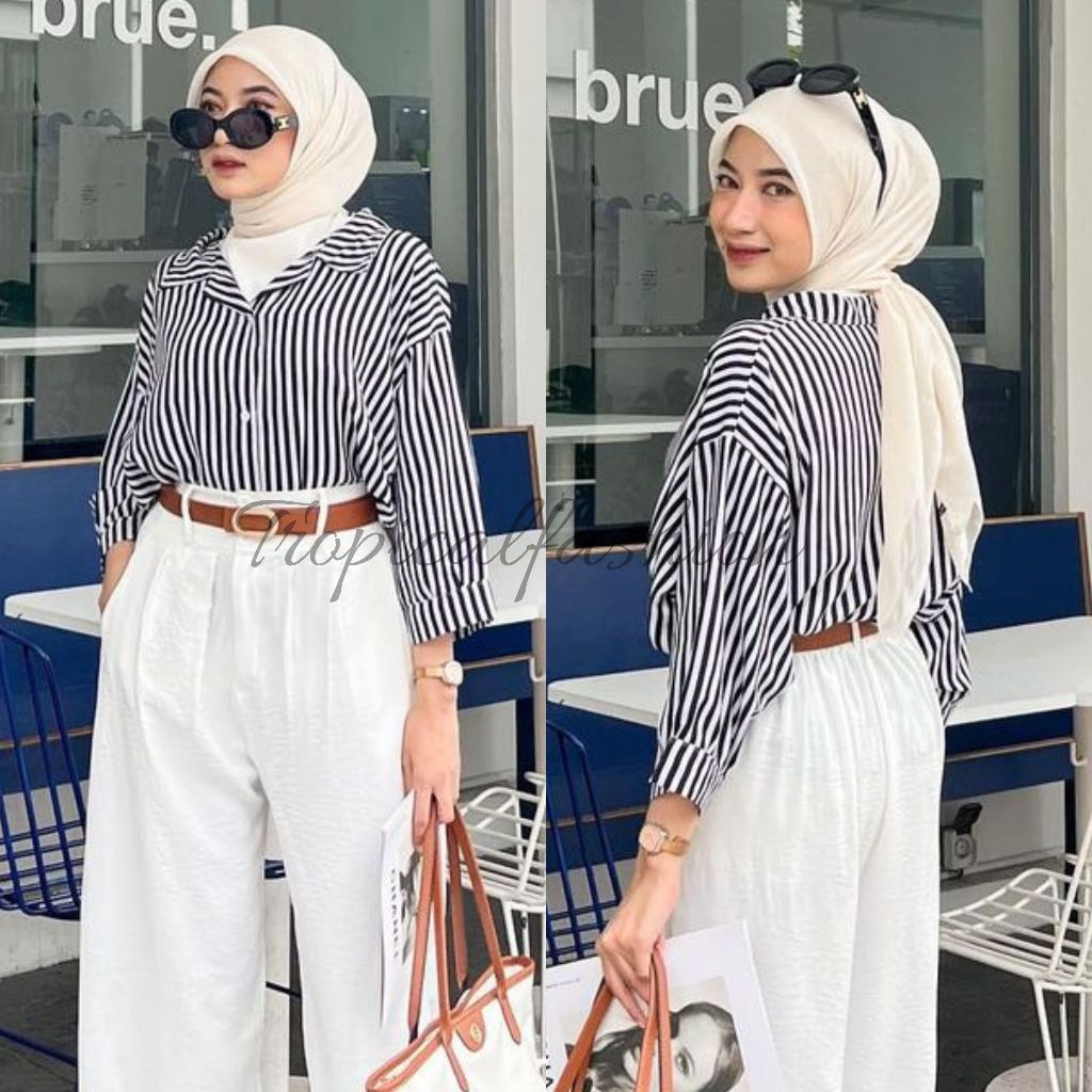 Jual Kemeja Wanita OverSize Crop Motif Salur Garis Terbaru Kekinian l ...