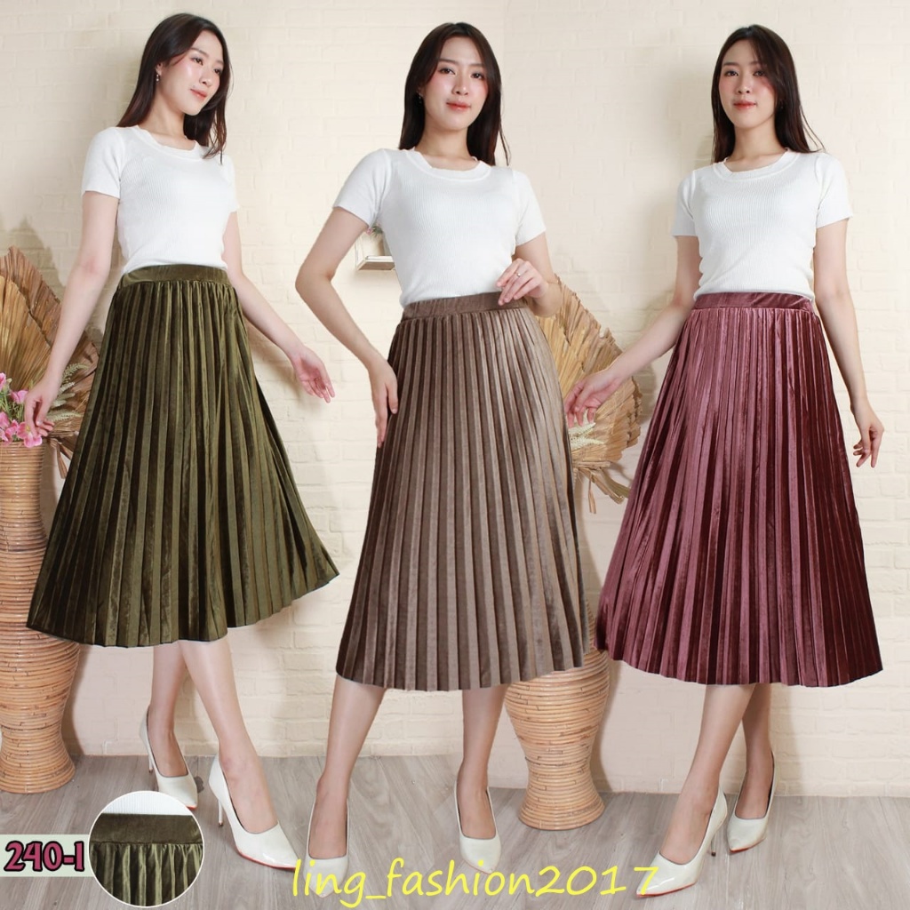 Jual Rok plisket bludru 7/8/ Spring autumn woven hight waist plester ...