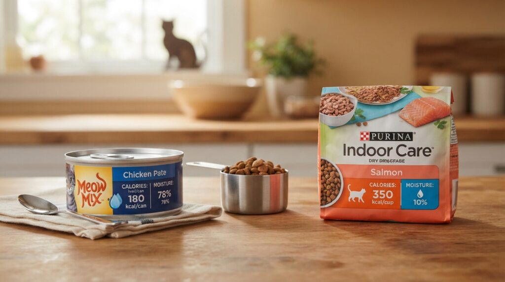 Canned and dry cat food labels compared for calories and moisture
