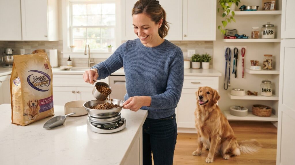 Caregiver measuring dog food for a daily feeding plan