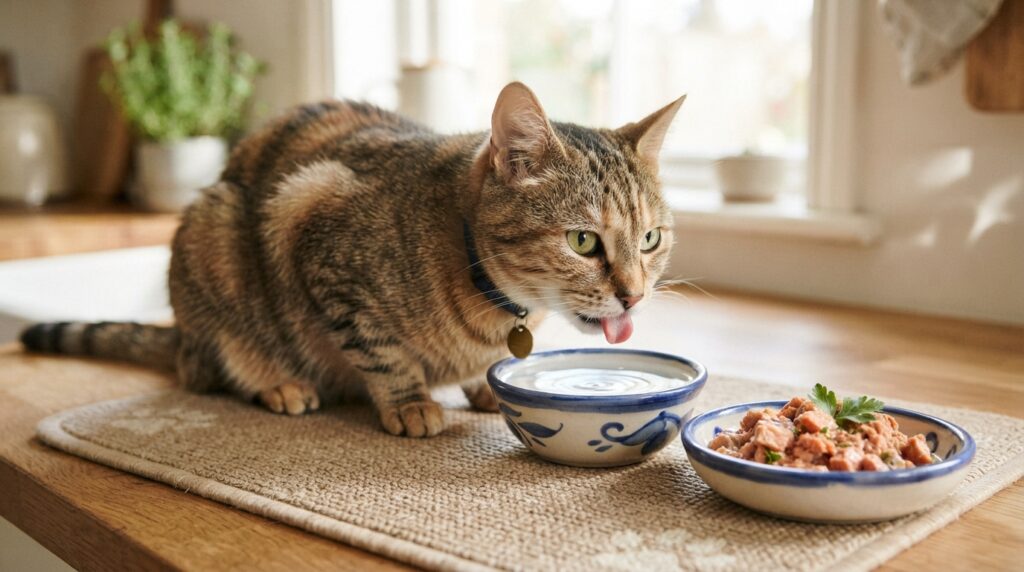 Cat drinking beside wet food that adds daily moisture Cat drinking beside wet food that adds daily moisture