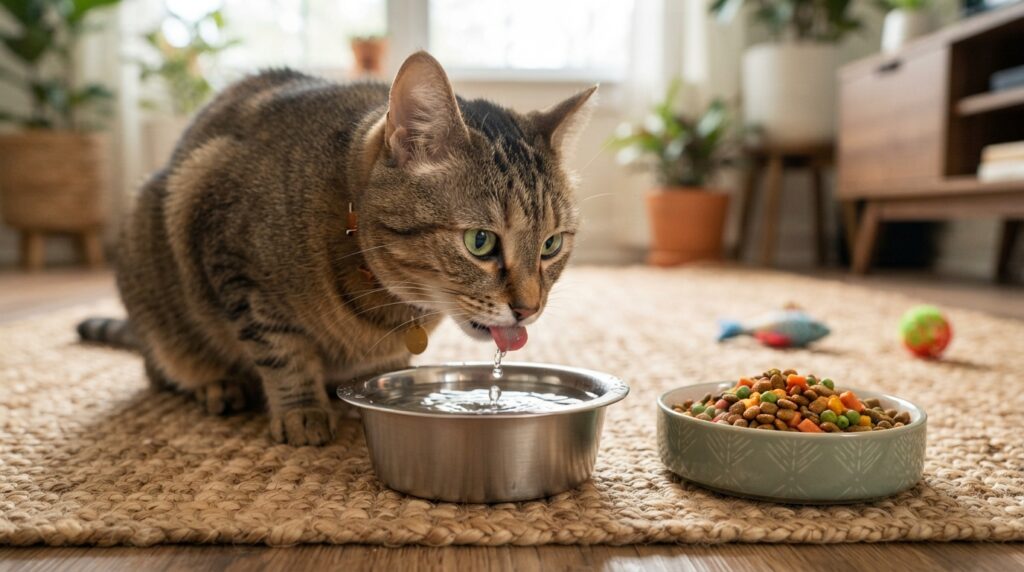 Cat drinking fresh water beside its measured meal Cat drinking fresh water beside its measured meal