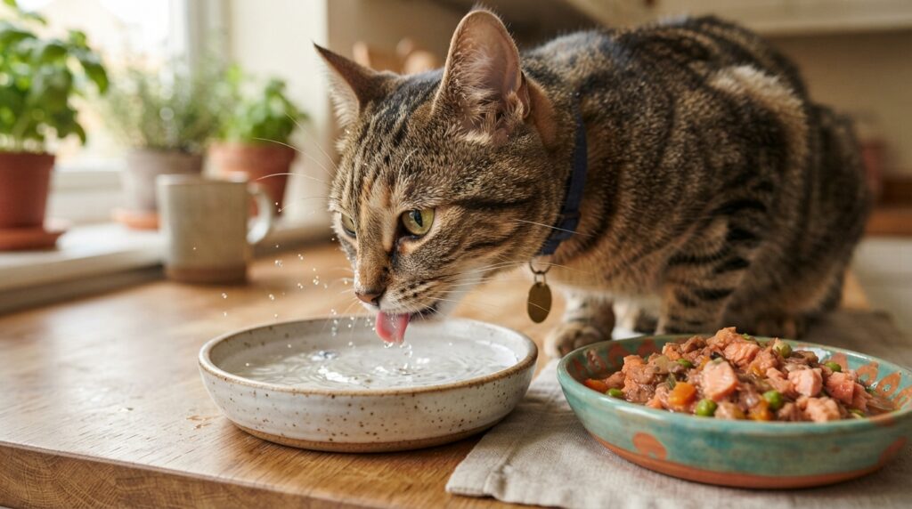 Cat drinking fresh water beside wet food for hydration Cat drinking fresh water beside wet food for hydration