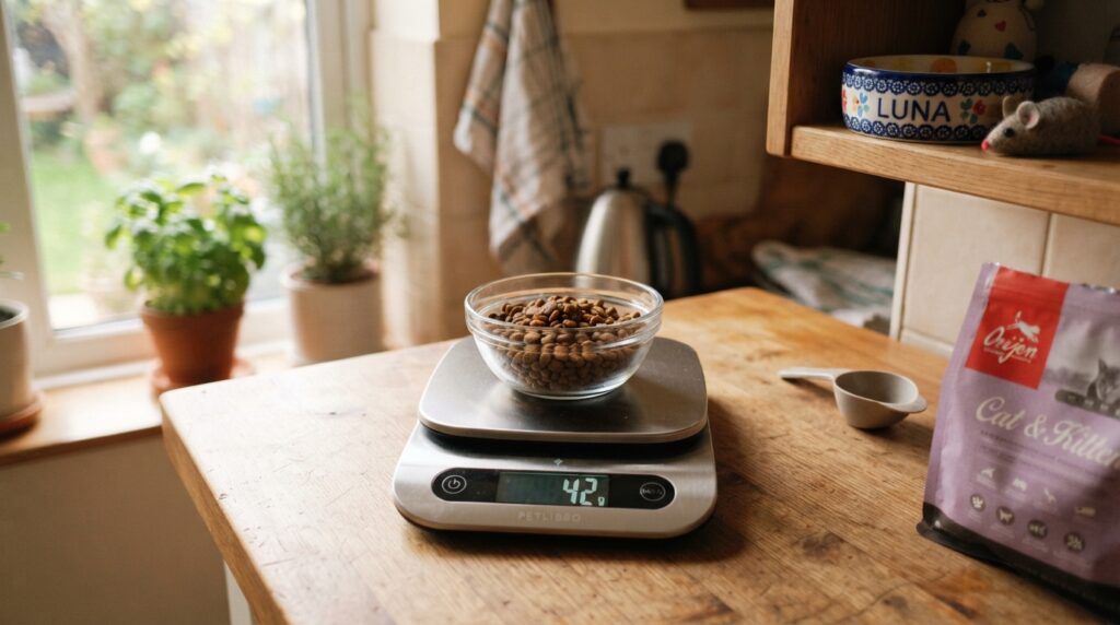 Cat food measured on a kitchen scale to manage daily calories