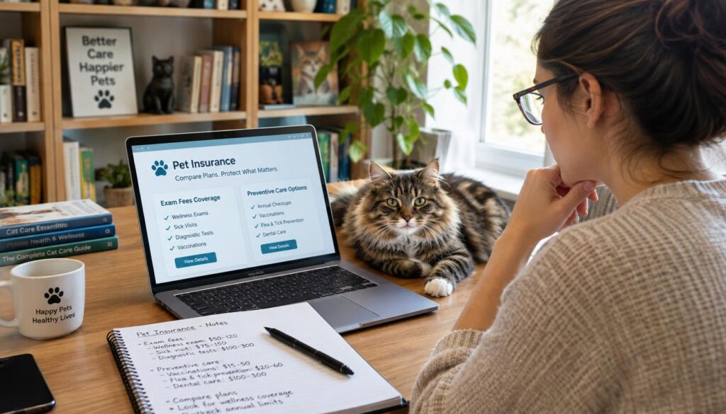 Cat owner reviewing exam fees and preventive care coverage options Cat owner reviewing exam fees and preventive care coverage options