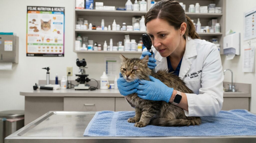 Cat showing possible nutritional deficiency signs during a vet exam Cat showing possible nutritional deficiency signs during a vet exam