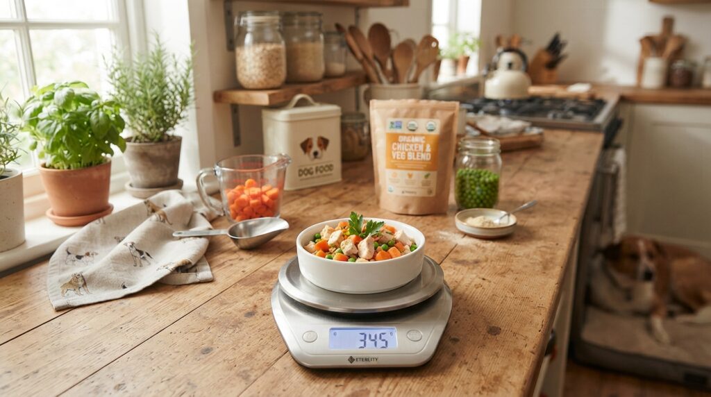 Digital scale weighs a measured portion of homemade dog food Digital scale weighs a measured portion of homemade dog food