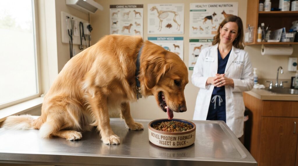 Dog eating a novel protein diet during a veterinary trial Dog eating a novel protein diet during a veterinary trial
