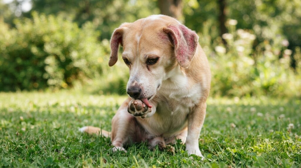 Dog licking itchy paws with red skin near its ears Dog licking itchy paws with red skin near its ears