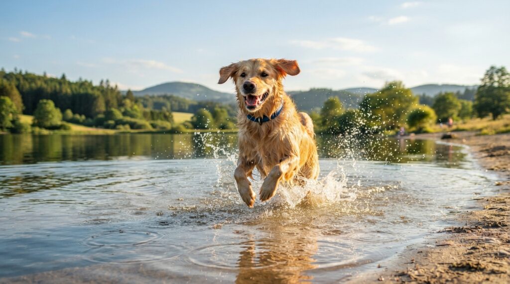 Dog moves through shallow water during low-impact activity Dog moves through shallow water during low-impact activity