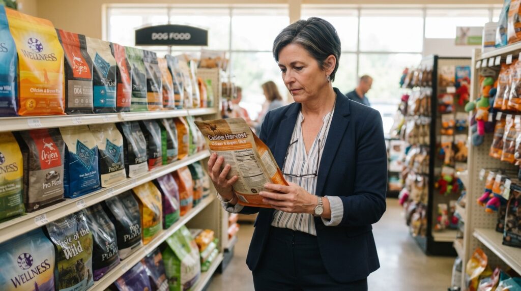 Dog owner checking dog food products for safety alerts Dog owner checking dog food products for safety alerts
