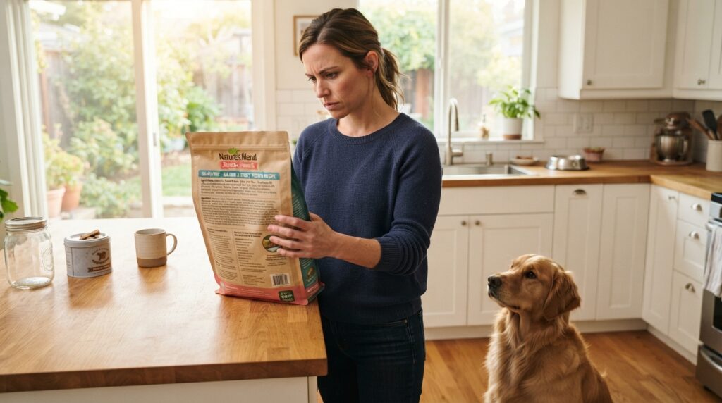 Dog owner checking dry food label for a confirmed allergen Dog owner checking dry food label for a confirmed allergen