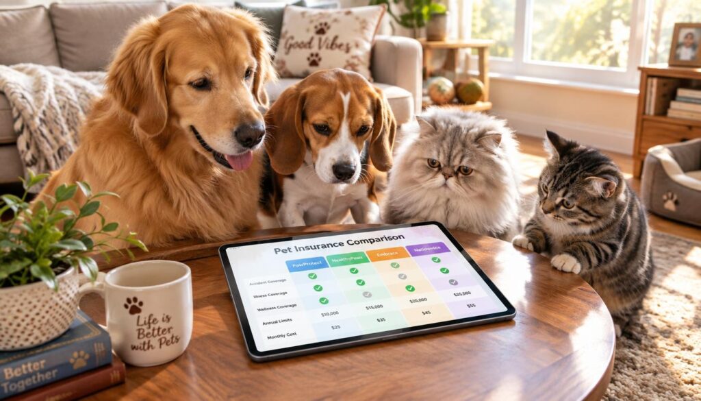 Dogs and cats beside a comparison of pet insurance companies Dogs and cats beside a comparison of pet insurance companies
