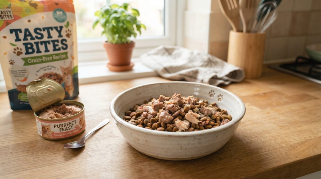 Dry semimoist and canned cat food beside a feeding bowl Dry semimoist and canned cat food beside a feeding bowl