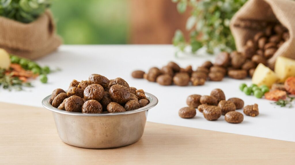 Extruded kibble shaped from a grain-free dry pet food mix Extruded kibble shaped from a grain-free dry pet food mix