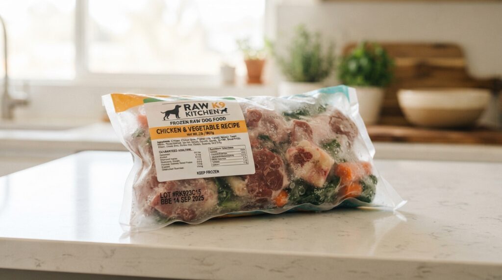 Frozen chicken raw pet food package with visible lot code Frozen chicken raw pet food package with visible lot code