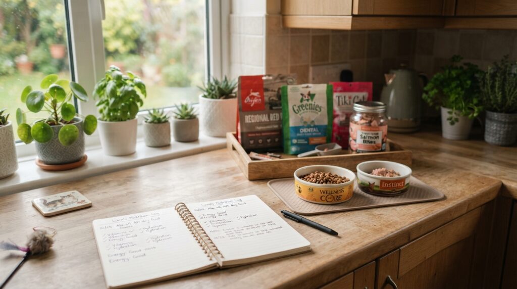 Measured cat food and treats beside a diet review log Measured cat food and treats beside a diet review log