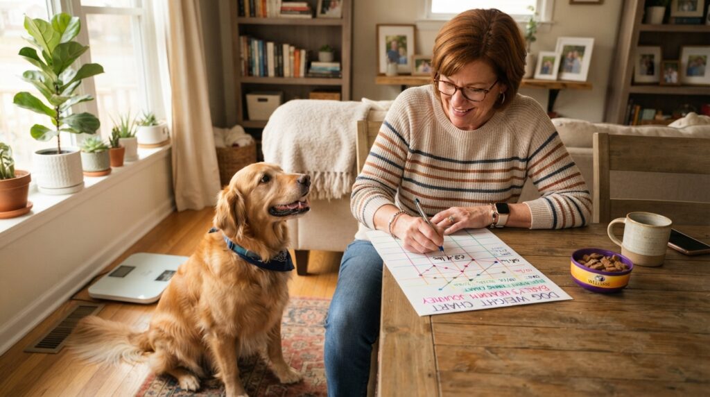 Owner records a dog's weight on a tracking chart