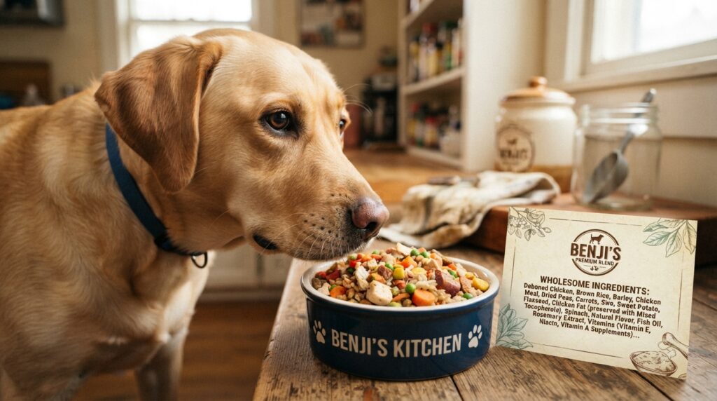 Pet food ingredient list beside a dog examining its bowl Pet food ingredient list beside a dog examining its bowl