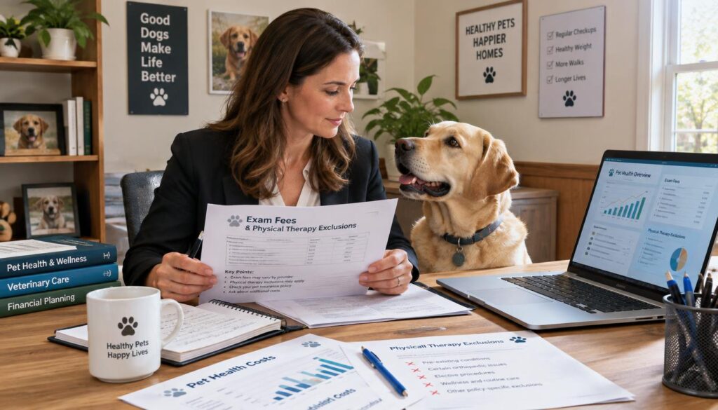 Pet owner checking exam fees and physical therapy exclusions Pet owner checking exam fees and physical therapy exclusions