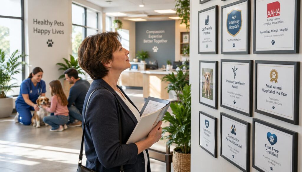Pet owner comparing California animal hospital recognition Pet owner comparing California animal hospital recognition