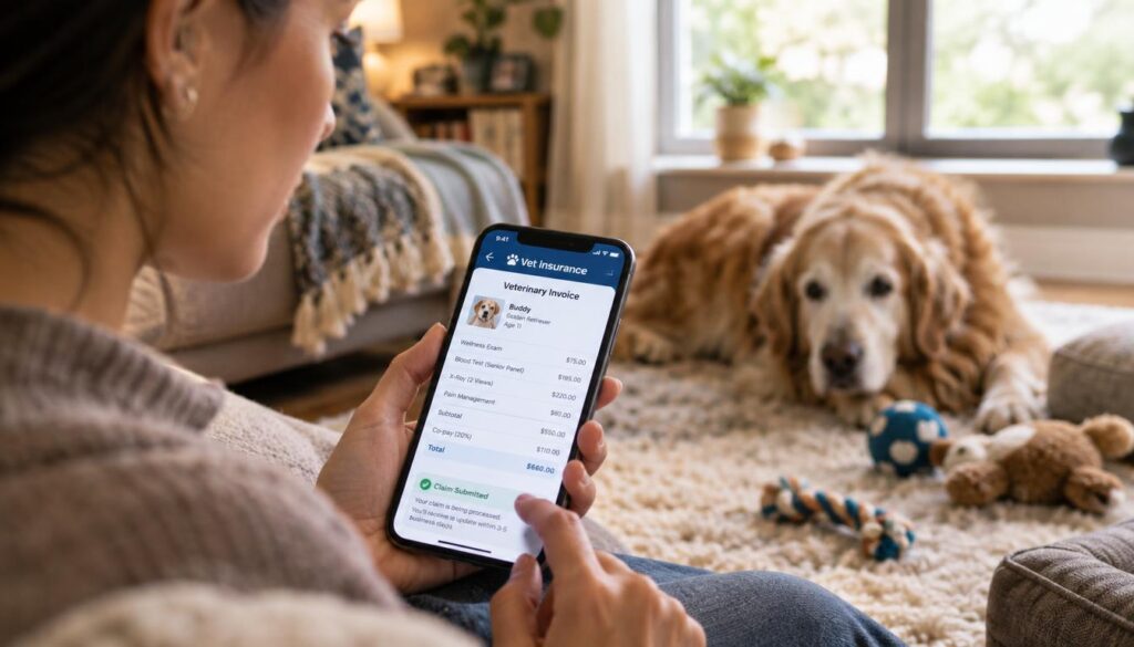 Pet owner submitting a veterinary invoice through an insurance app Pet owner submitting a veterinary invoice through an insurance app