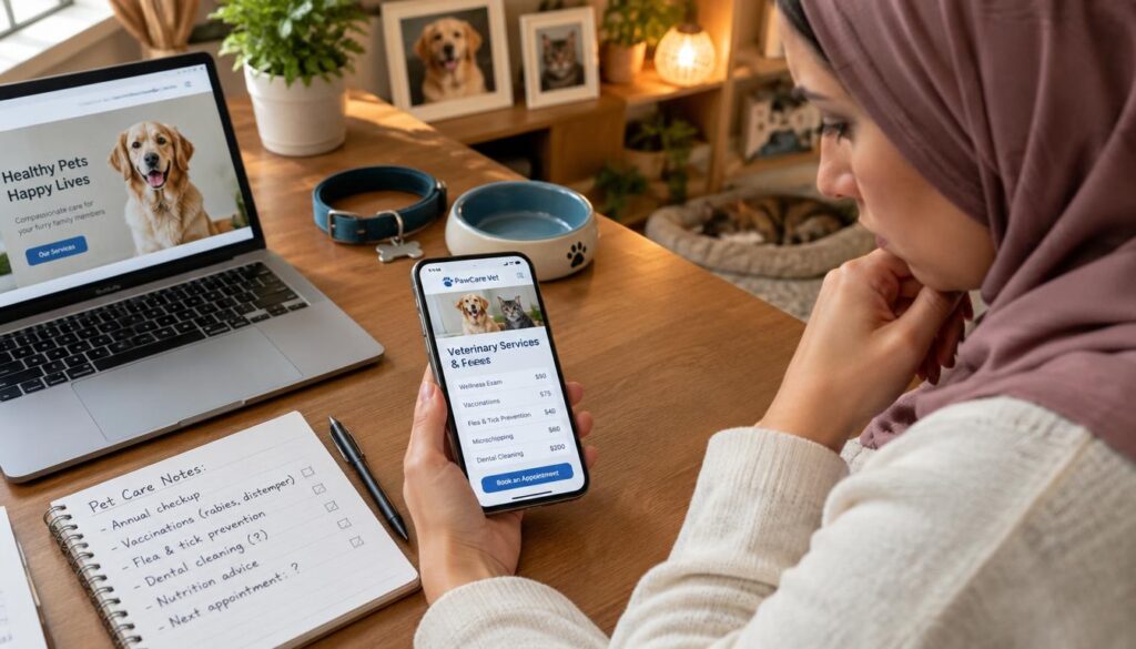 Pet parent reviewing online vet care fees beside a phone Pet parent reviewing online vet care fees beside a phone