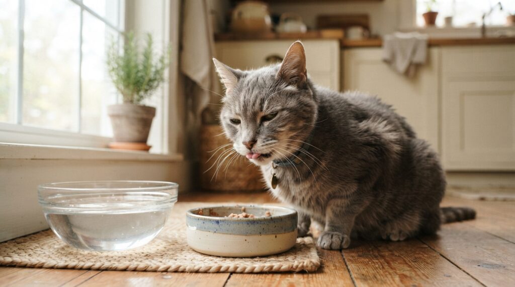Senior cat eating soft food beside a bowl of water Senior cat eating soft food beside a bowl of water