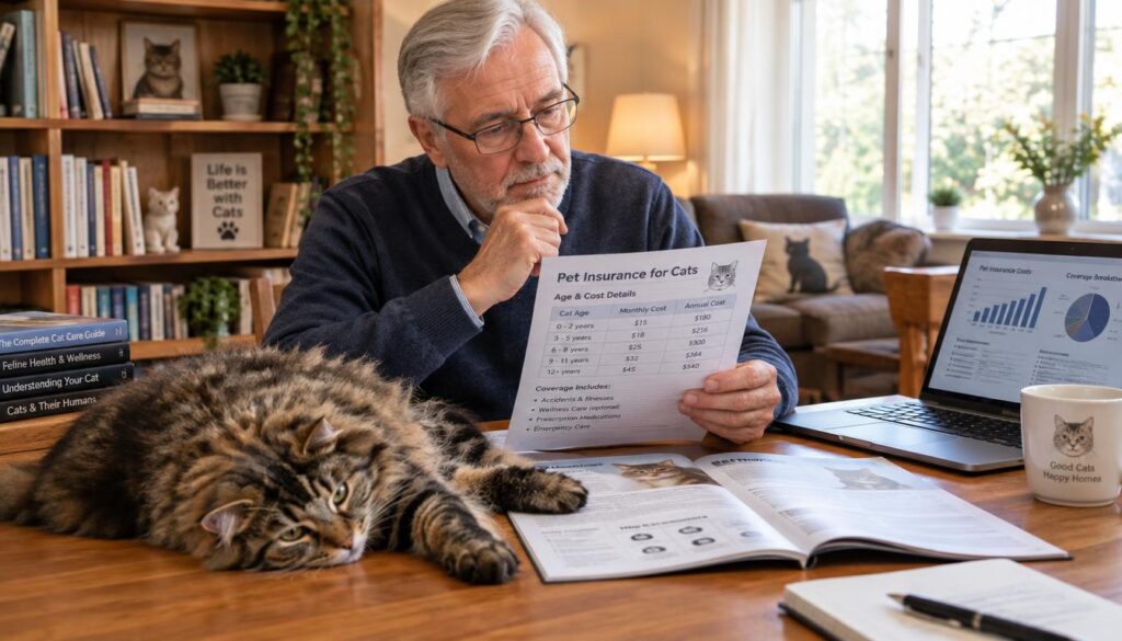 Senior cat owner checking insurance age and cost details Senior cat owner checking insurance age and cost details