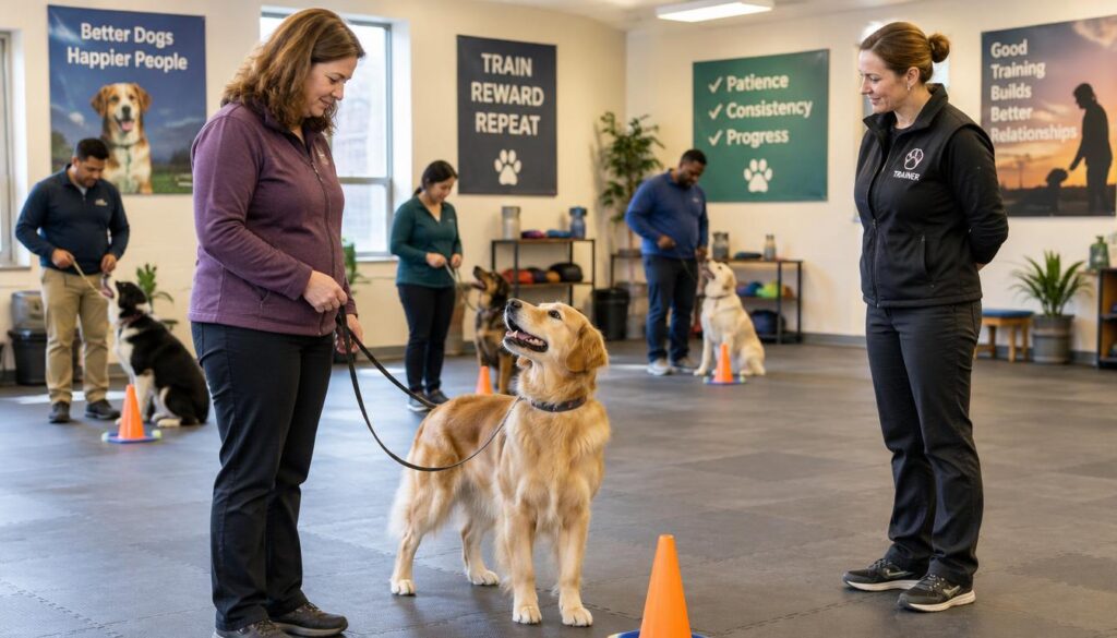 Trainer observes a dog practicing leash skills in class Trainer observes a dog practicing leash skills in class