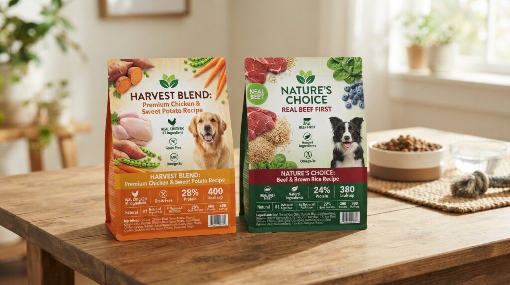 Two dog food labels compared for calories and ingredients Two dog food labels compared for calories and ingredients