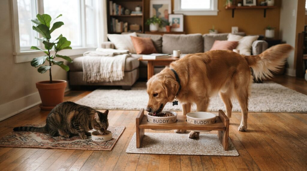 Two pets eating at separate feeding stations in one home Two pets eating at separate feeding stations in one home