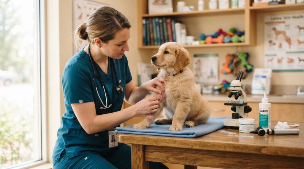 Veterinarian examining a dog with recurrent yeast skin infection Veterinarian examining a dog with recurrent yeast skin infection