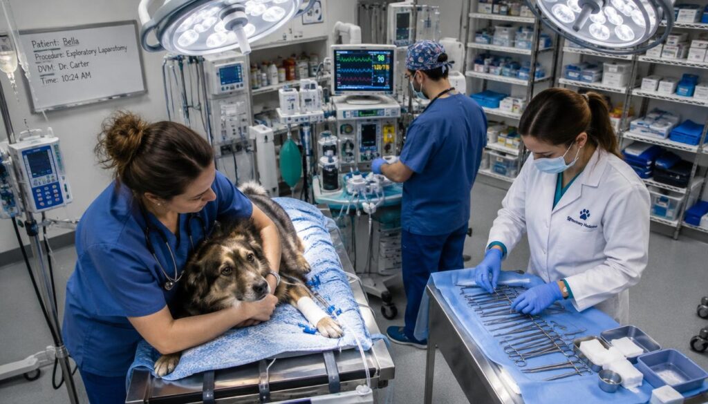 Veterinary team prepares a dog for emergency surgery Veterinary team prepares a dog for emergency surgery